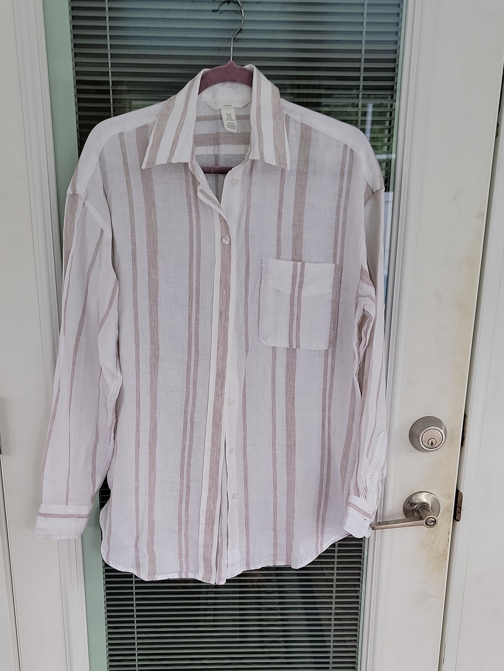 H&M Striped Linen Oversized Button-Up Shirt in White and Beige Marked XS - Picture 3 of 12